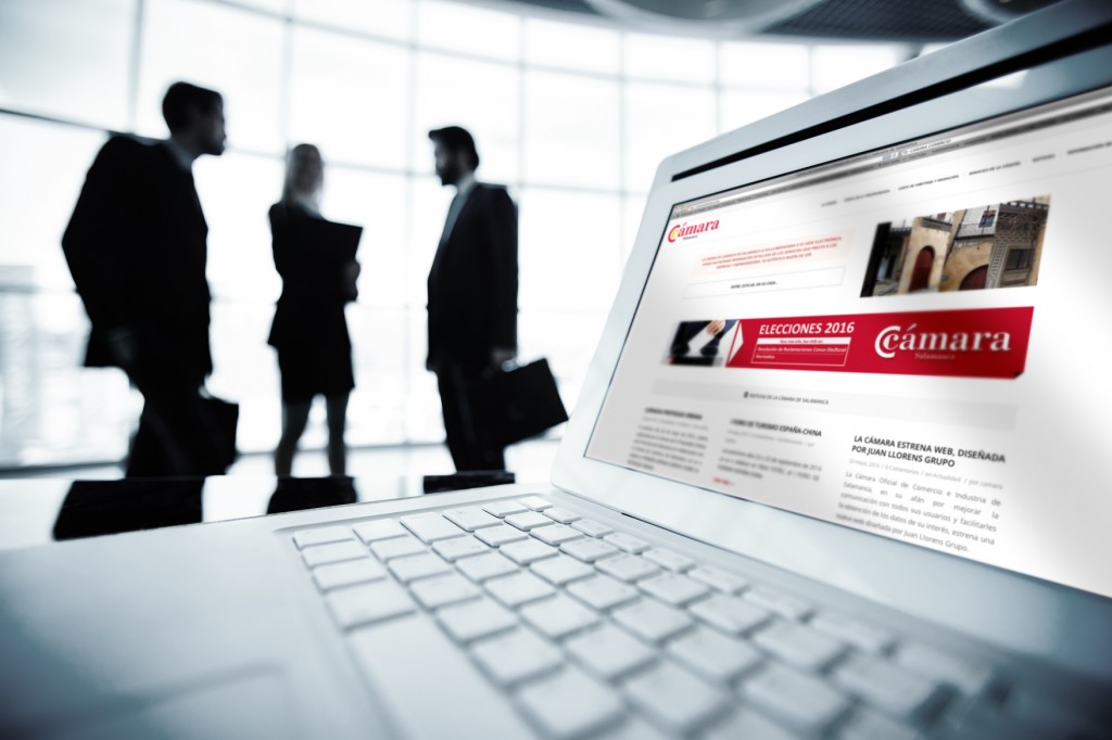 Financial document in laptop on background of three business partners having meeting